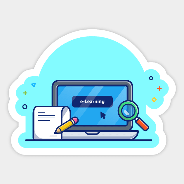 Laptop, Magnifying Glass, Paper And Pencil Cartoon Sticker by Catalyst Labs